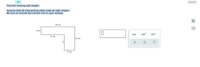 Find the missing side length. Assume that all intersecting sides meet at right angles-example-1