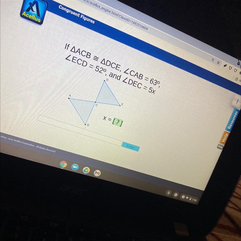 If AACB = ADCE, ZCAB = 63°,ZECD = 52°, and ZDEC = 5xDE(c сx = [?]-example-1