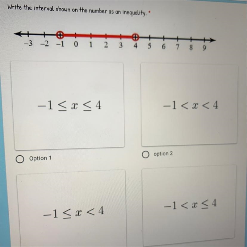 Write the interval show on the number as an inequality.-example-1