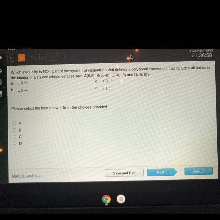 Help please Which inequality is NOT part of the system of inequalities that defines-example-1