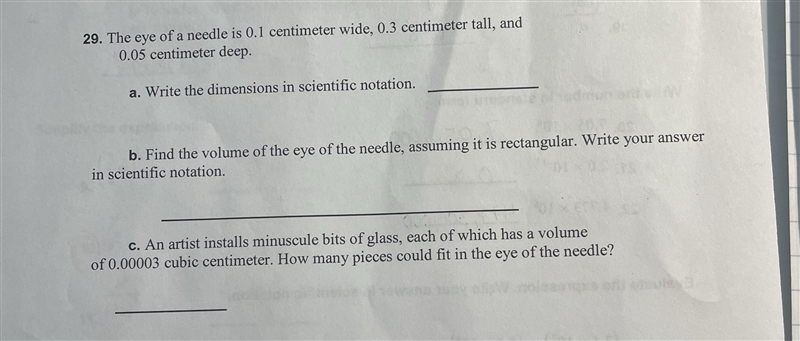 The eye of a needle is 0.1 centimeter wide, 0.3 centimeter tall, and 0.05 centimeter-example-1