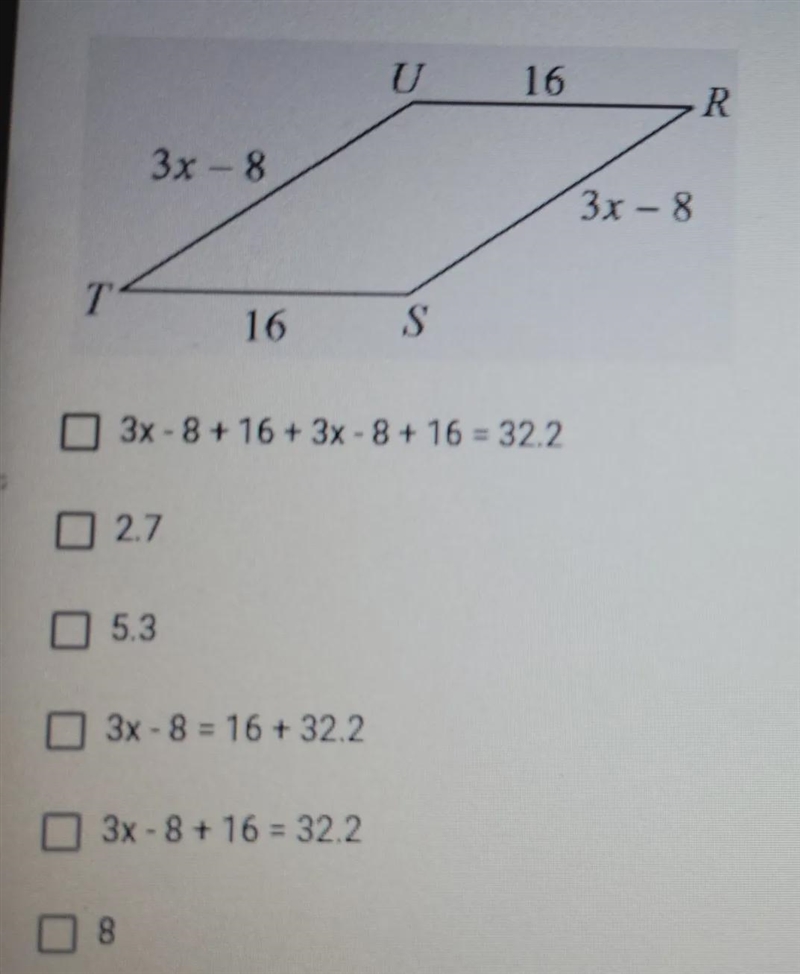 The perimeter of the parallelogram below is 32.2. What equation would you set up to-example-1