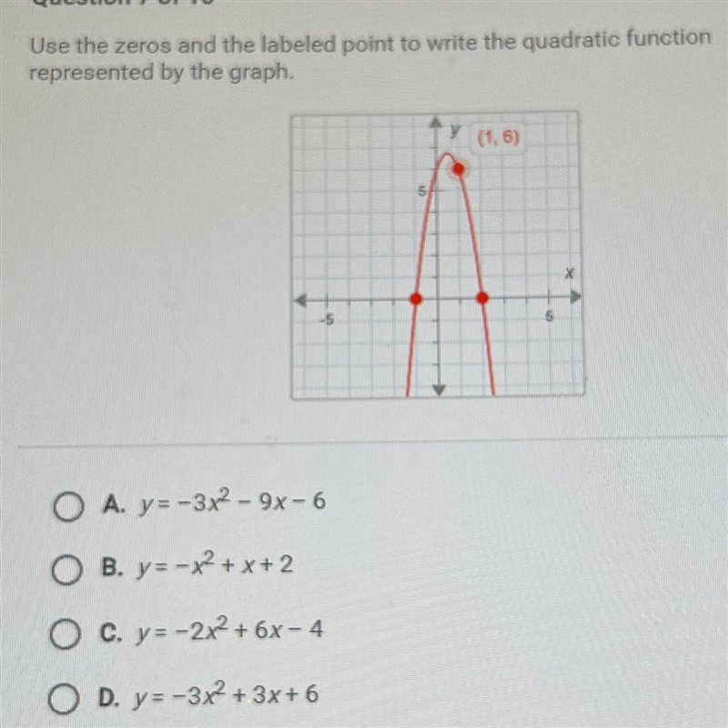 Use the zeros and the labels point to write the quadratic function represented by-example-1