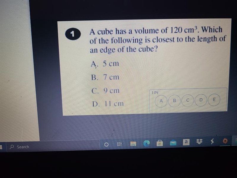 A cube has a volume of 120 cm Which of the following is closest to the length of an-example-1