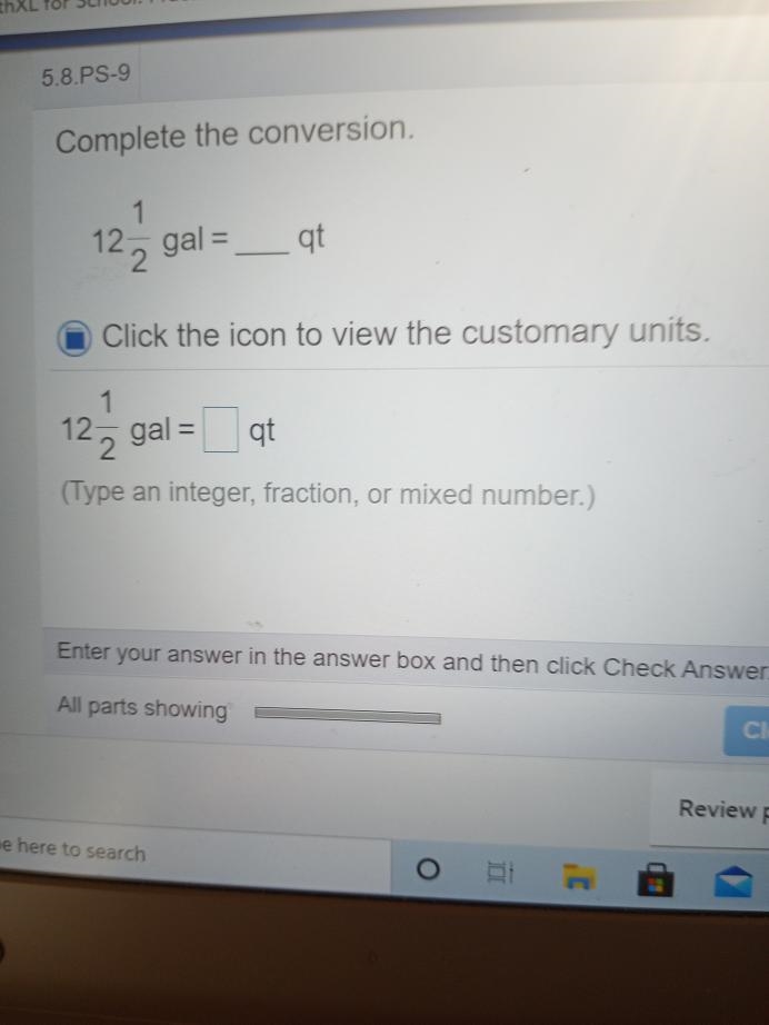 Complete the conversion. 1 12, gal = qt Click the icon to view the customary units-example-1