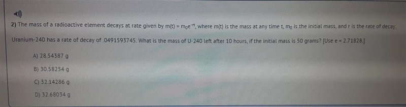 2) The mass of a radioactive element decays at rate given by m(t) = m0e^-rt, where-example-1