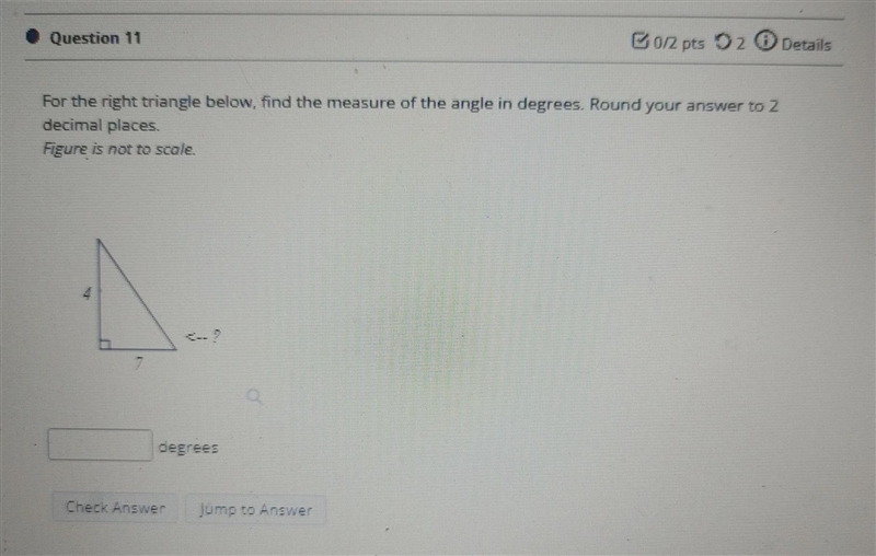 I find the measure of the angle in degrees to this triangle-example-1