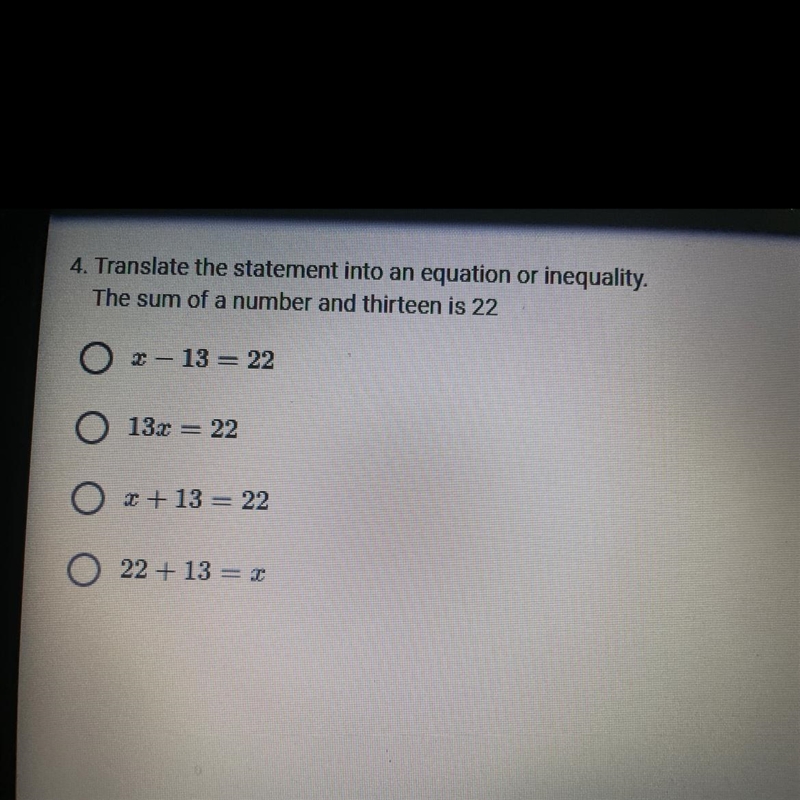 Translate the statement into an equation or inequality. the sum of a number and thirteen-example-1