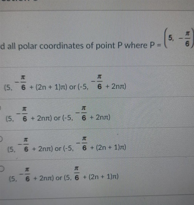 Find all Polar coordinates of point P where P= (5,-π/6)-example-1