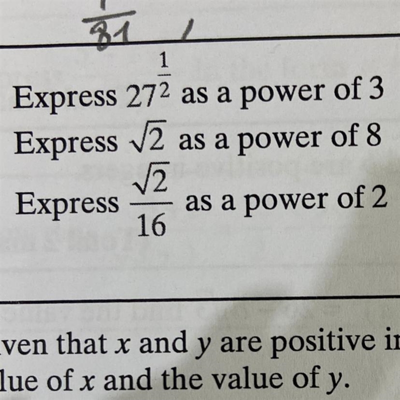 Helppp Express 27^1/2 as a power of 3 Express root 2 as a power of 8 Express root-example-1