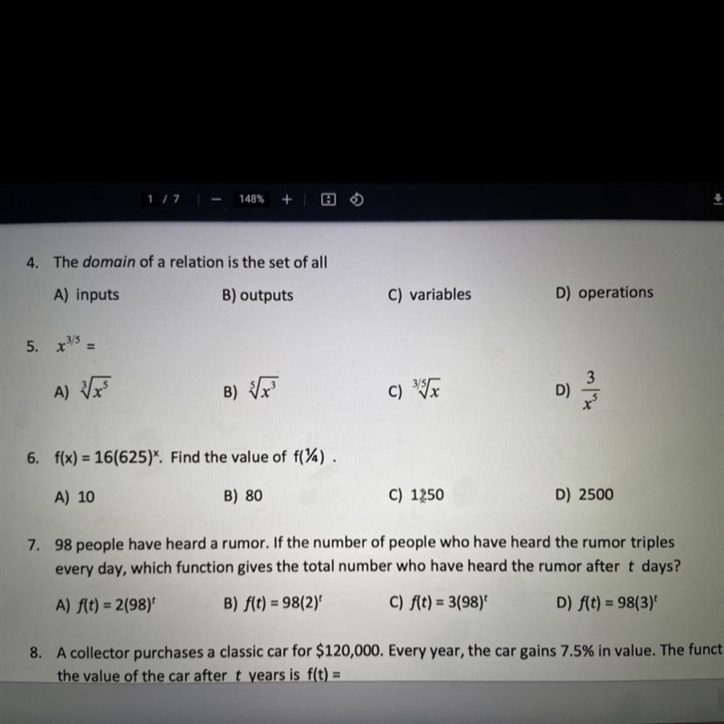 4. The DOMAIN of a relationship is the set of all what?-example-1