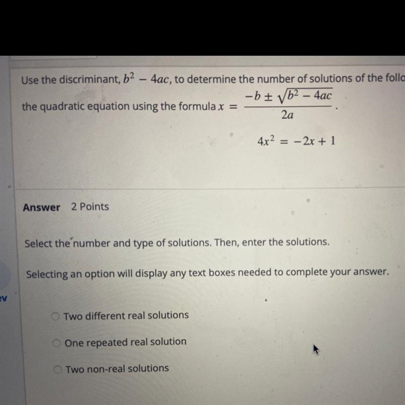 Determine the number of solutions of the following quadratic equation. Then solve-example-1