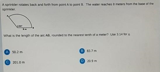 A sprinkler rotates back and forth from point A to point B. The water reaches 8 meters-example-1