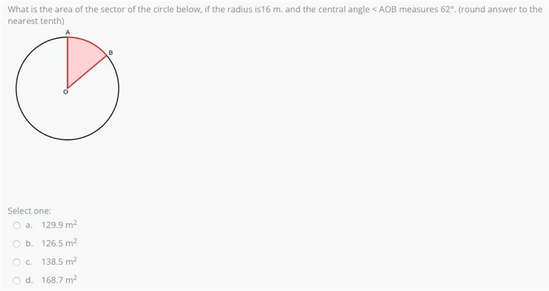 What is the area of the sector of the circle below, if the radius is16 m. and the-example-1