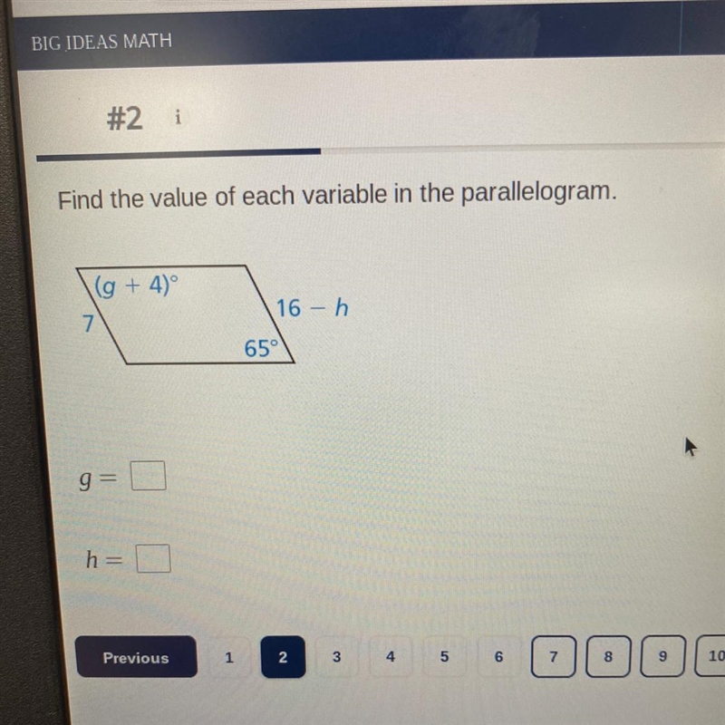 Find the value of each variable in the parallelogram.-example-1