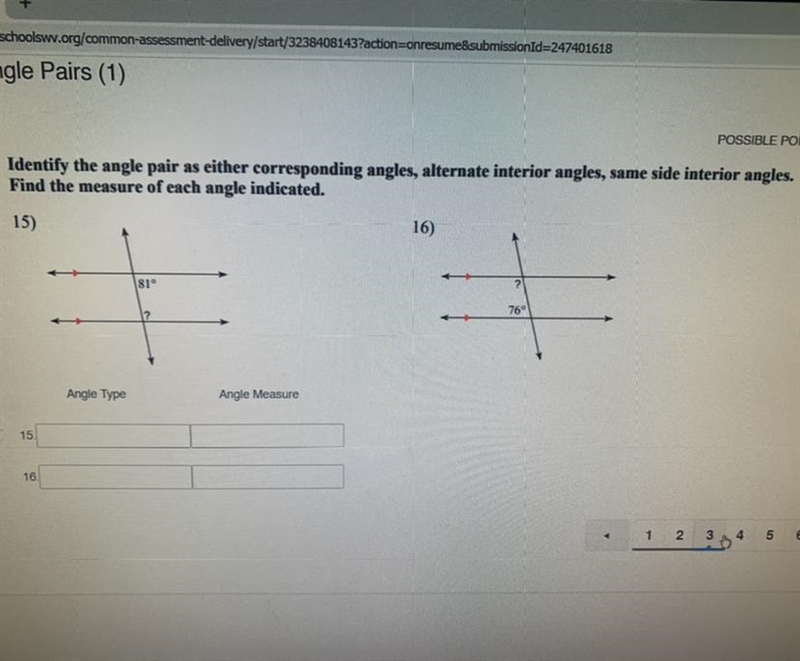 Identify the angle pair as either corresponding angles, alternate interior angles-example-1