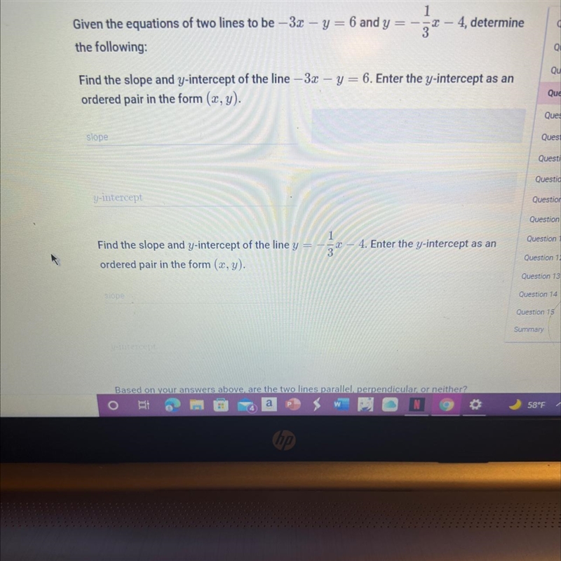 -4, determineGiven the equations of two lines to be -3x - y = 6 and ythe following-example-1