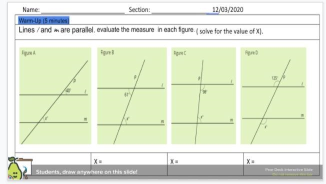 Lines / and m are parallel. evealute the measure in each figure. solve for the value-example-1