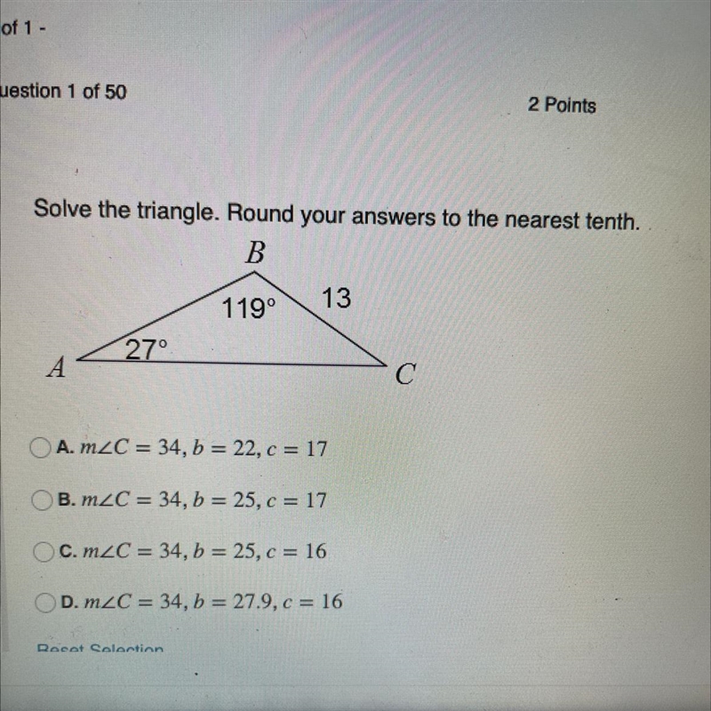 Solve the triangle. Round your answers to the nearest tenth-example-1