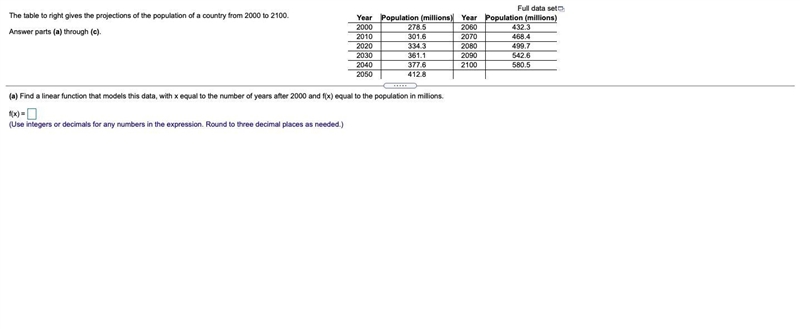 (a) Find a linear function that models this data, with x equal to the number of years-example-1