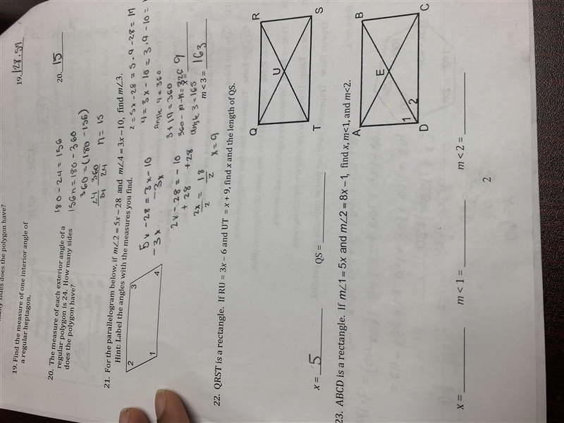 22. QRST is a rectangle. If RU = 3x - 6 and UT = x + 9, find x and the length of QS-example-1