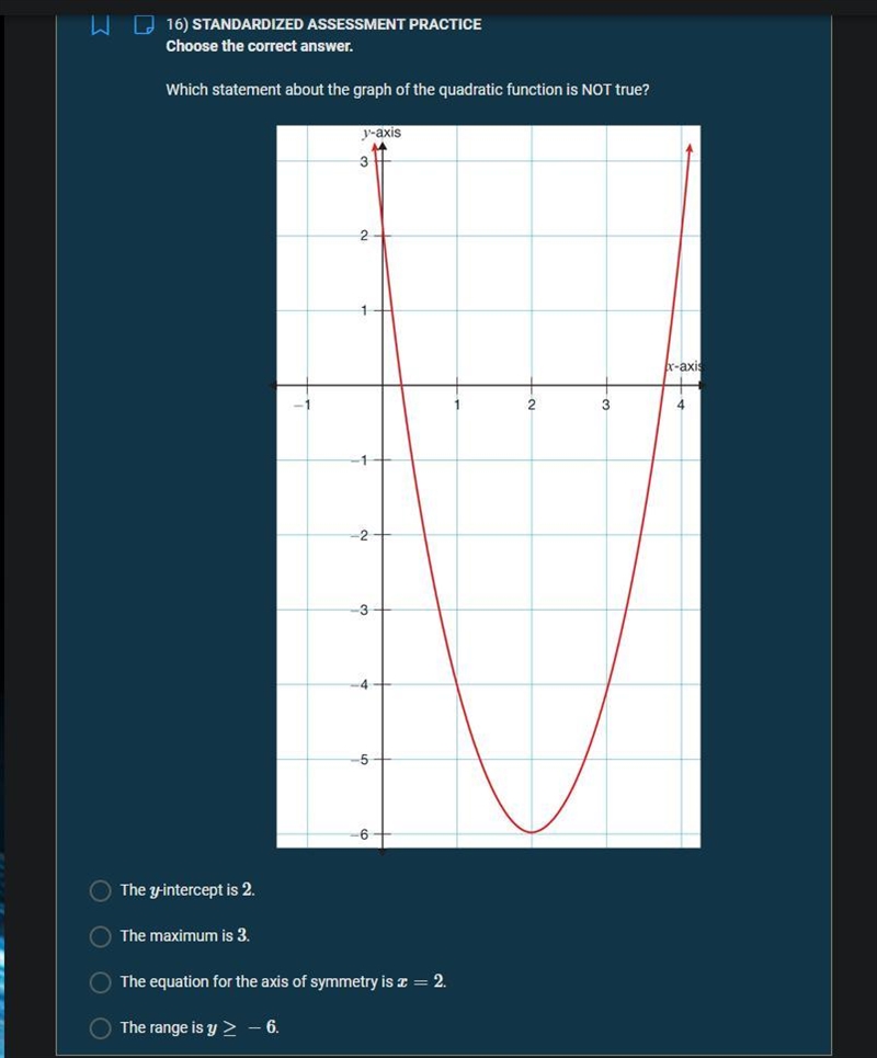 Which statement about the graph of the quadratic function is NOT true?-example-1