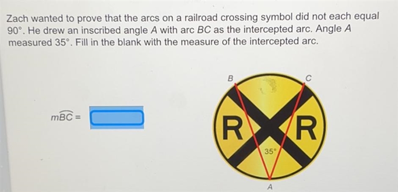 Zach wanted to prove that the arcs on a railroad crossing symbol did not each equal-example-1