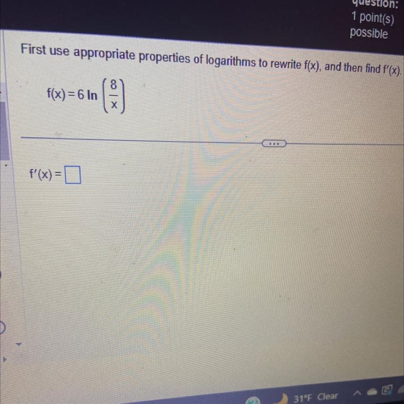 First use appropriate properties of logarithms to rewrite f(x) and then find f’(x-example-1