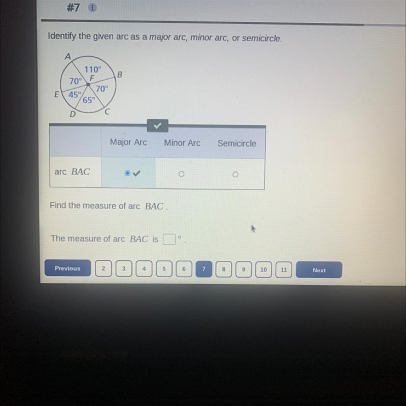 Identify the given arc as a major arc, minor arc, or semicircle.AE70°45%D110⁰F70°65°arc-example-1