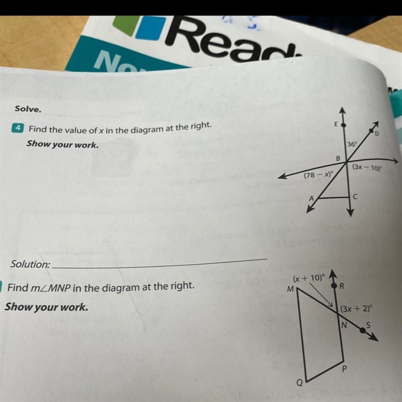 Solve. 4. Find the value of x in the diagram at the right.-example-1