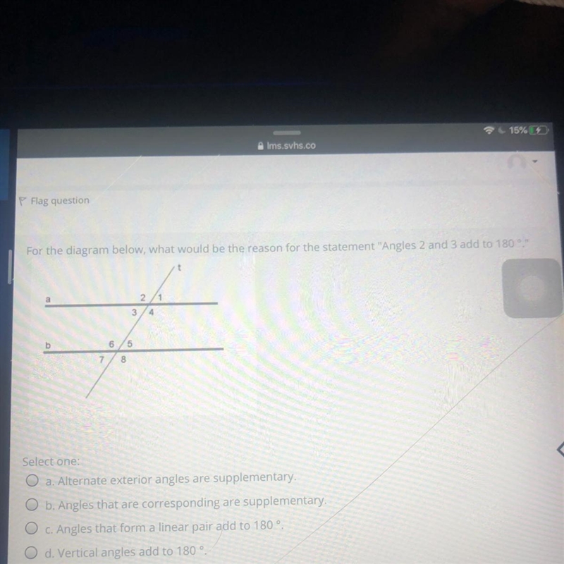 For the diagram below, what would be the reason for the statement "Angles 2 and-example-1