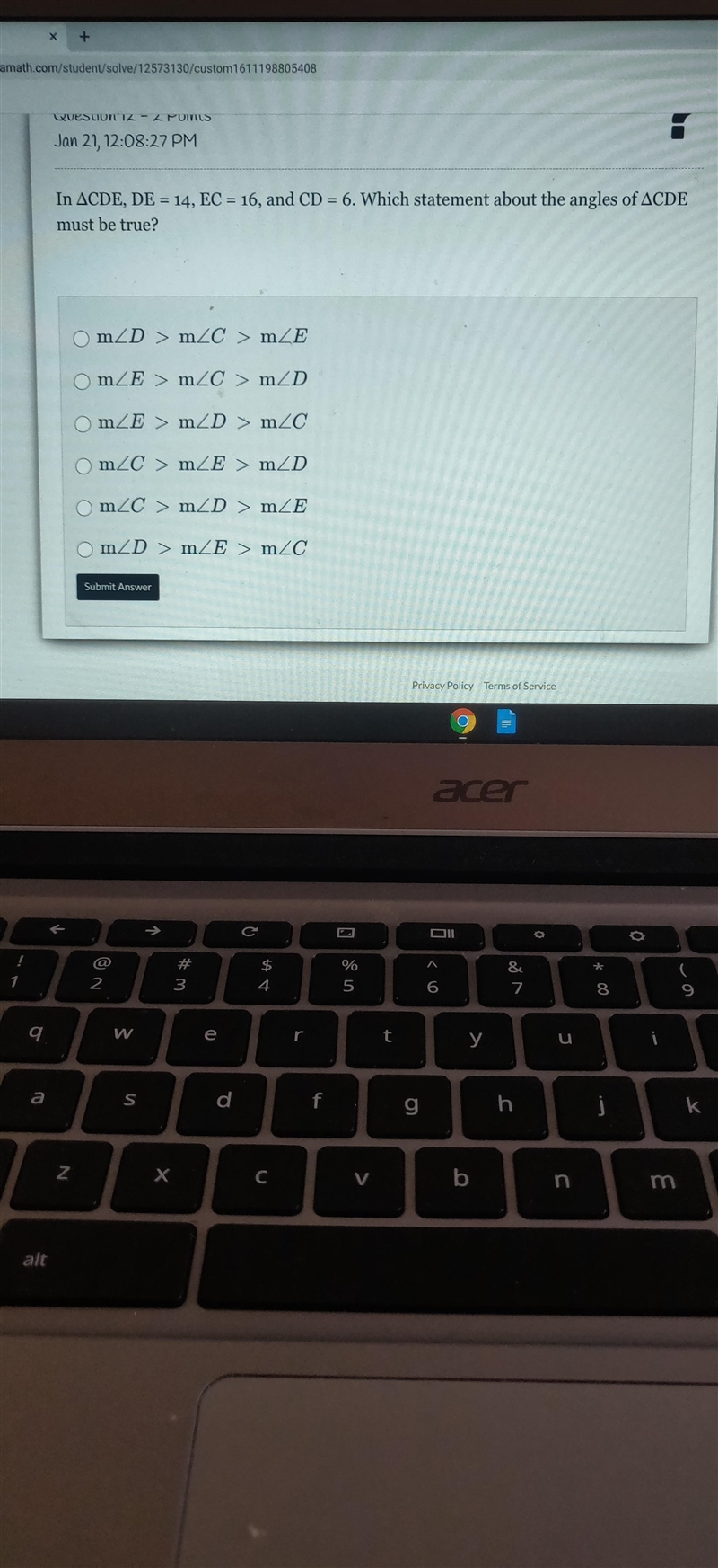 In ACDE, DE = 14, EC = 16, and CD = 6. Which statement about the angles of ACDE must-example-1