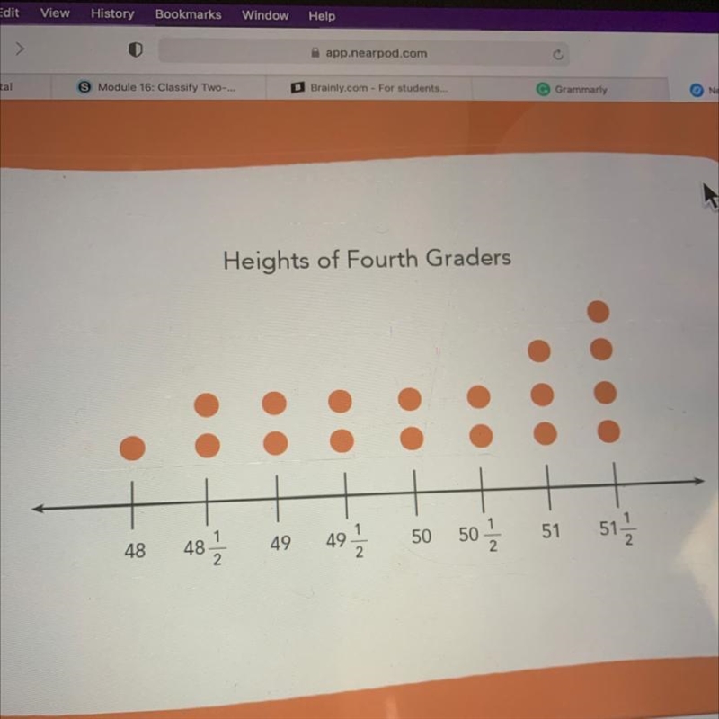 The line plot shows the heights of fourth graders. Find the difference between the-example-1