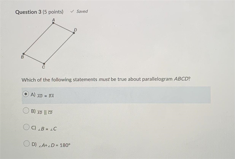 Which of the following statements must be true about parallelogram ABCD?-example-1