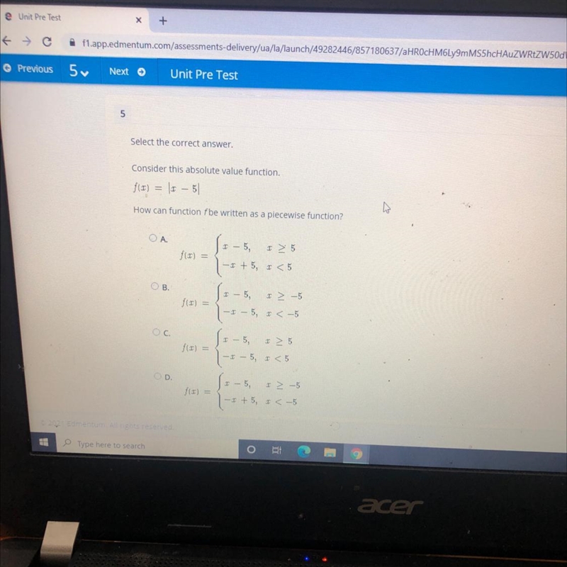 Conscider this absolute value function.f(x) = (x – 5)How can function fbe written-example-1