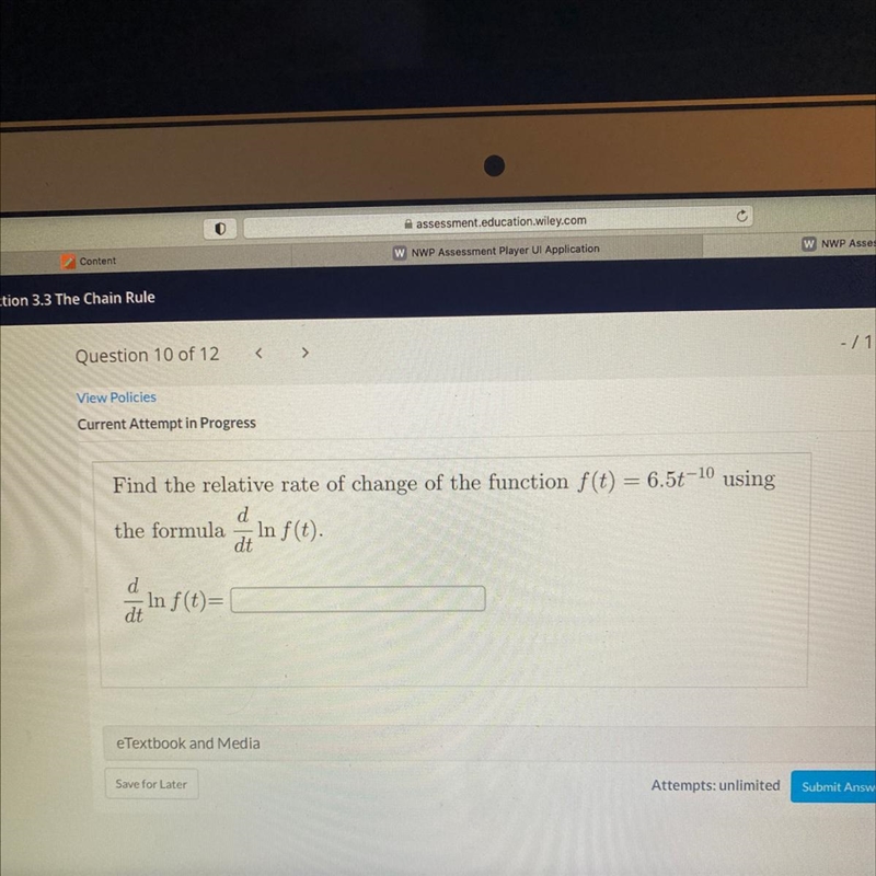 Find the relative rate of change of the function f(t) = 6.5t-10 usingdthe formula-example-1