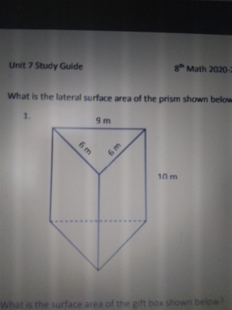 What is the lateral surface area of the prism shown below? 9 m 6m 6 m 10 m-example-1