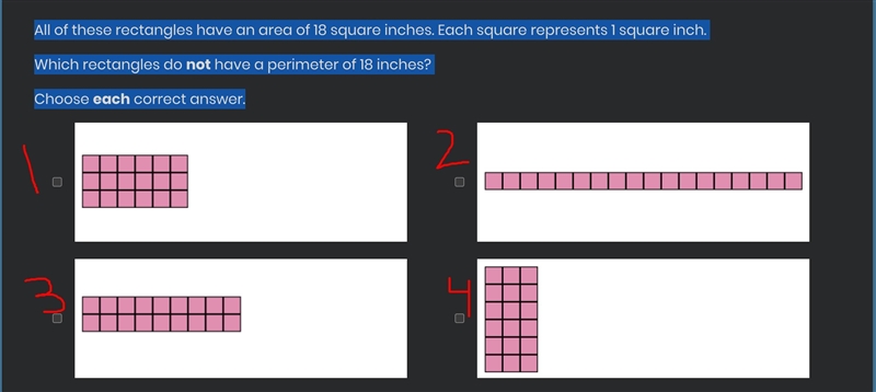 Please help All of these rectangles have an area of 18 square inches. Each square-example-1