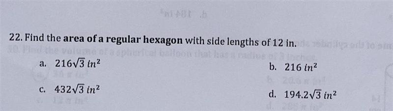 Find the area of a regular hexagon with side lengths of 12 in.-example-1