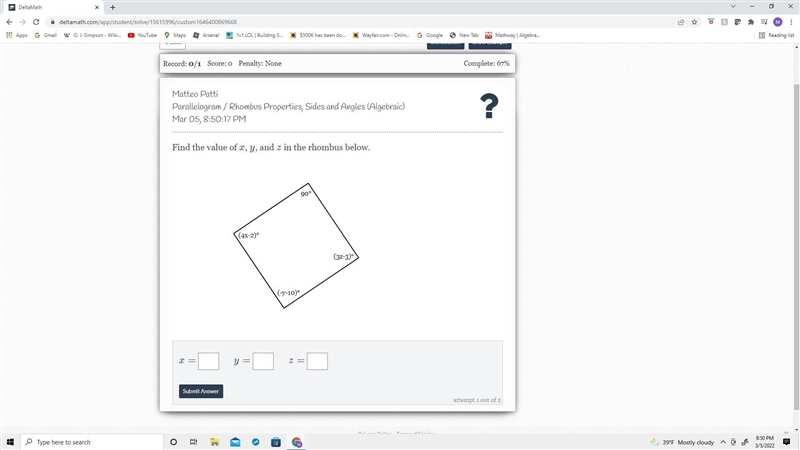 Find the value of x, y, and z in the rhombus below.-example-1