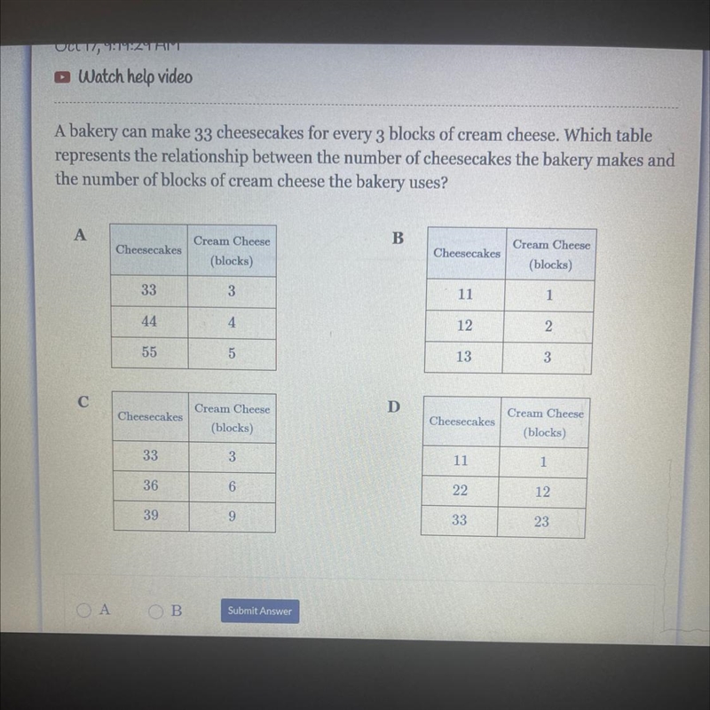 A bakery can make 33 cheesecakes for every 3 blocks of cream cheese. Which table represents-example-1