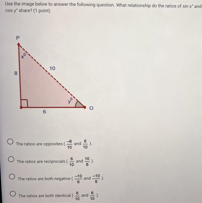 Use the image below to answer the following question. What relationship do the ratios-example-1