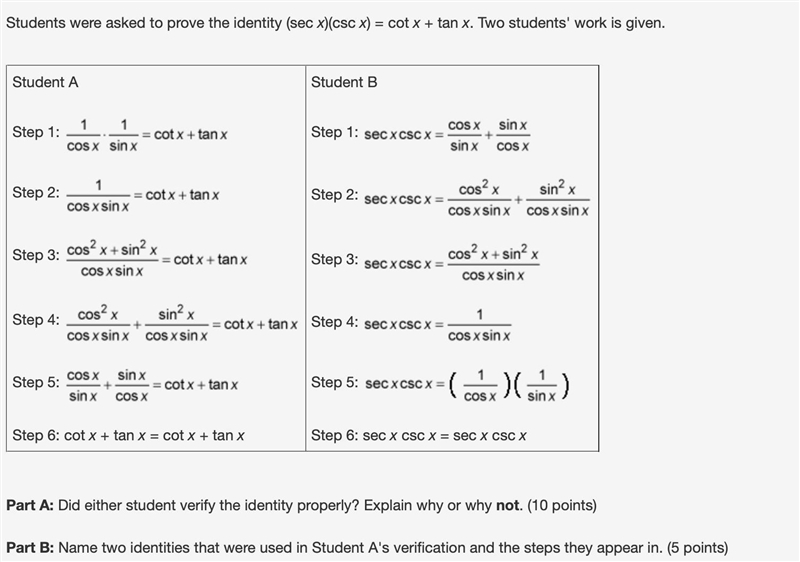 Students were asked to prove the identity (sec x)(csc x) = cot x + tan x. Two students-example-1