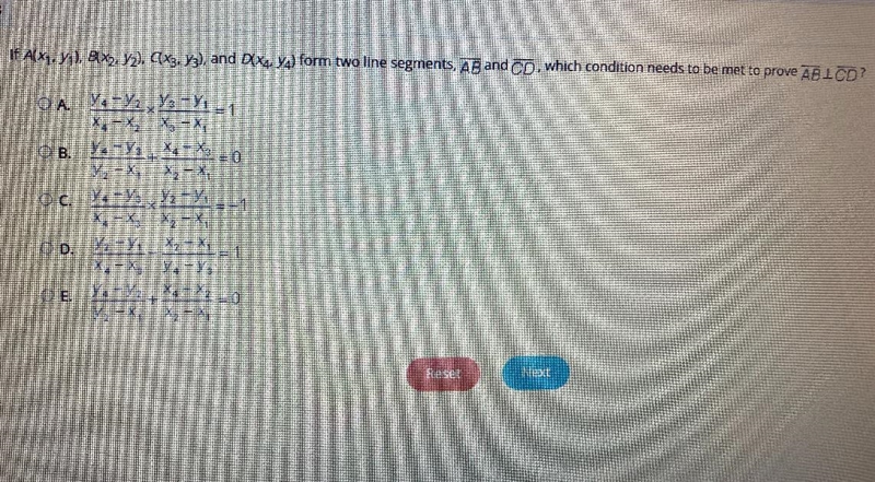 If A[X1.71), 8X2, y2), CX3, Yz), and Dlxq ya) form two line segments, AB and CD, which-example-1