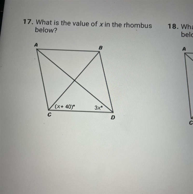 17. What is the value of x in the rhombusbelow?AC(x+40)B3x"D-example-1