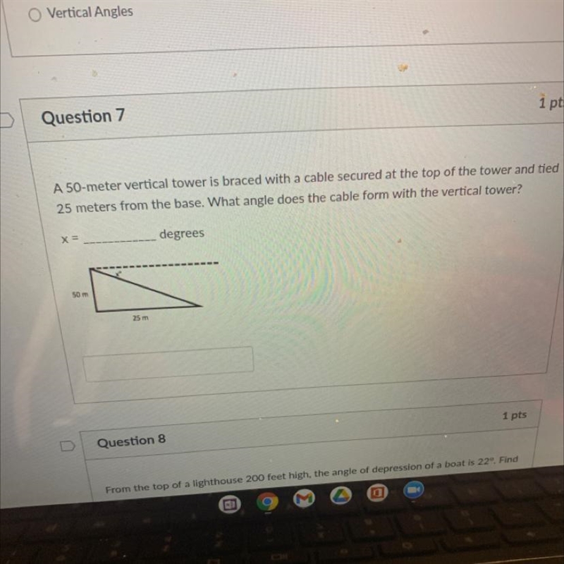 Question 71 ptsA 50-meter vertical tower is braced with a cable secured at the top-example-1