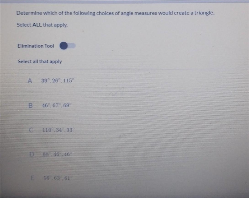 Determine which of the following choices of angle measures would create a triangle-example-1