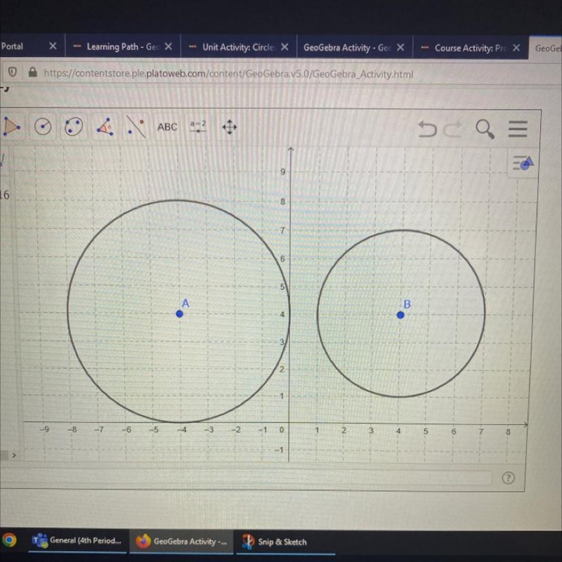 Write a sequence of dilations and transformations that map circle B onto circle A-example-1