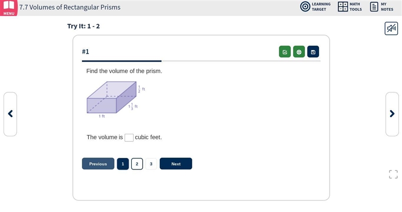 Find the volume of the prism. A drawing of a rectangular prism. It has length 1 foot-example-1