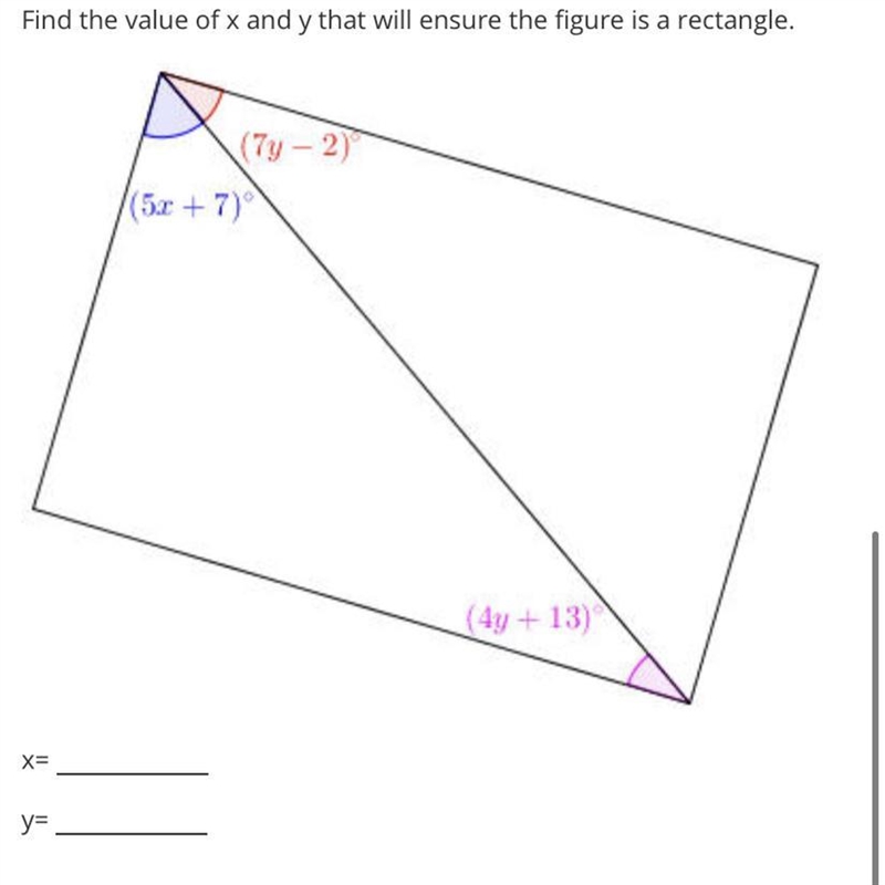 Find the value of x and y that will ensure the figure is a rectangle.(7y - 2)(5x + 7)(4y-example-1